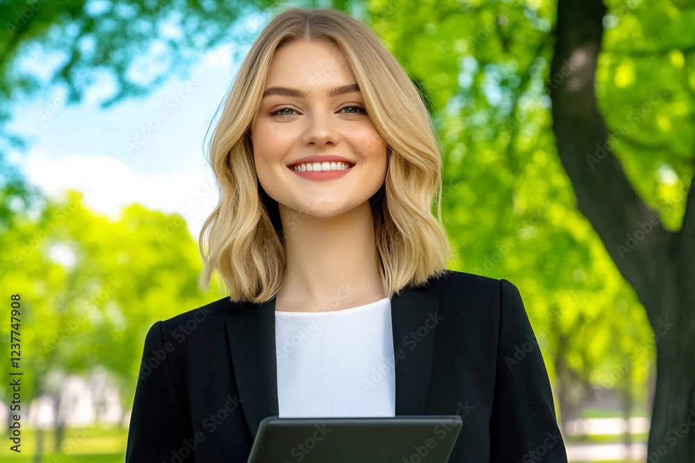 Smiling Business Woman with Tablet Outdoors Smiling Business Woman with Tablet Outdoors