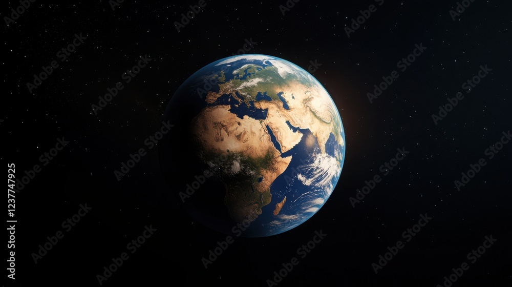 Obraz premium A zoomed-out 3D render of Earth, displaying the Middle East and Central Europe in daylight, with swirling cloud patterns over the continents.