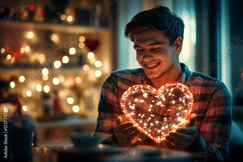 Commercial ad campaign concept art visual design. Sign of love and affection. Youth valentine's day greeting card: young man with beam face holds red heart in hands. Youth in love. photo