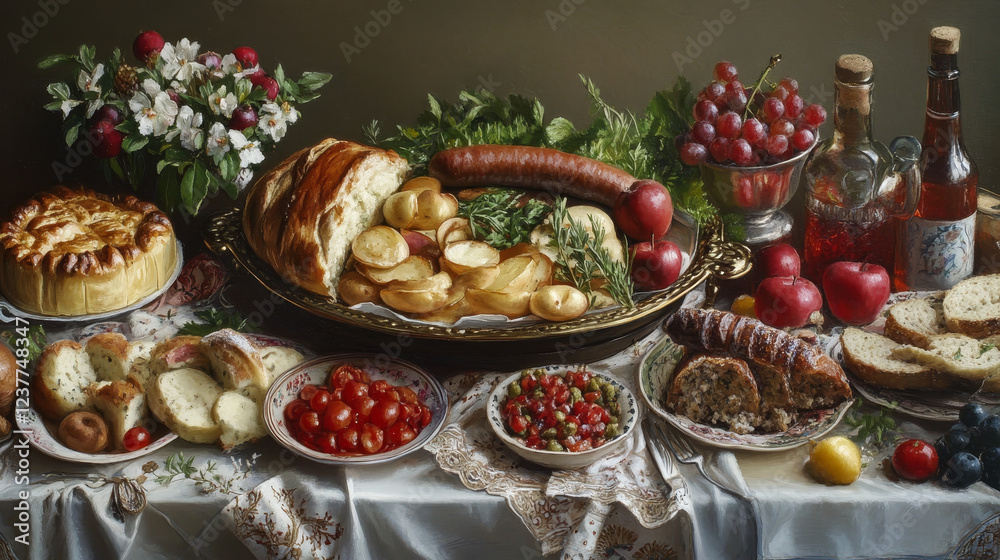 Eastern European cuisine icon set of vegetable salad with egg, sausage, fish, beer and tomato soup, fruit, meat and vegetable pie, potato dumpling, herring in apple sauce, pancake roll and omelette