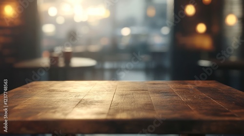 Empty wooden table in a cafe, blurred background. Product display photo