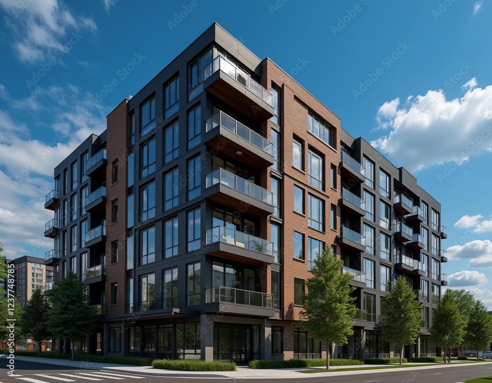 Contemporary multi-story urban apartment complex with brick and modern panels under blue sky Contemporary multi-story urban apartment complex with brick and modern panels under blue sky