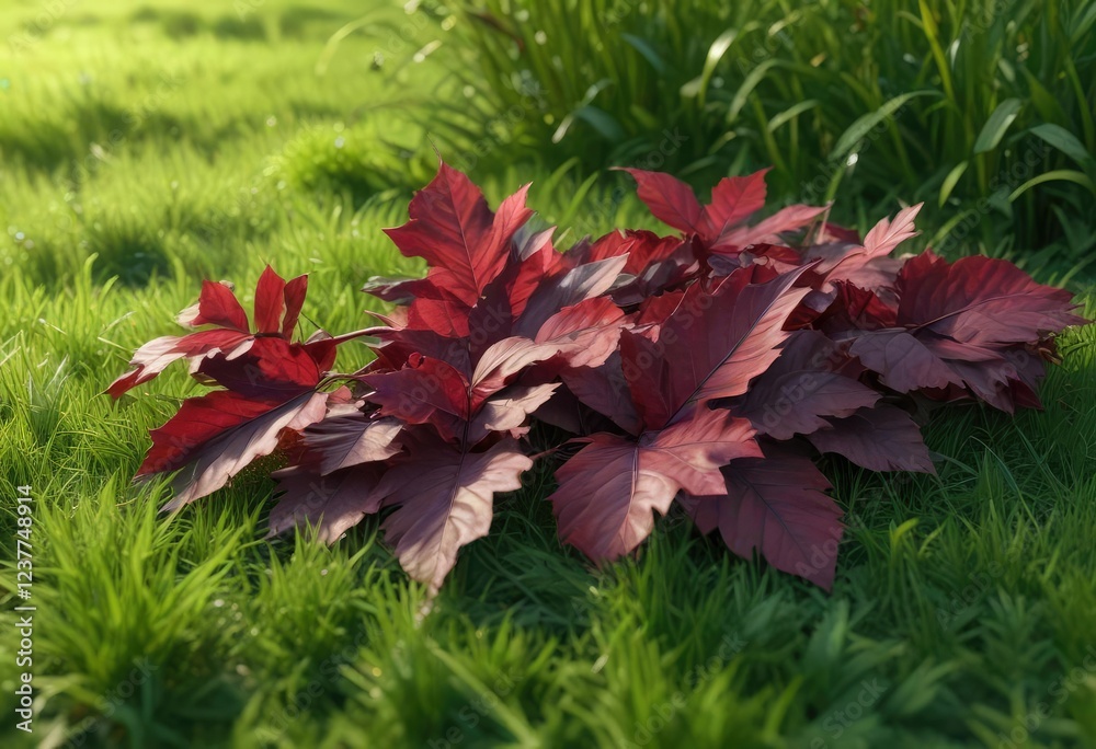 Rich burgundy leaves against a bright green grass , forest floor, forest path Rich burgundy leaves against a bright green grass , forest floor, forest path