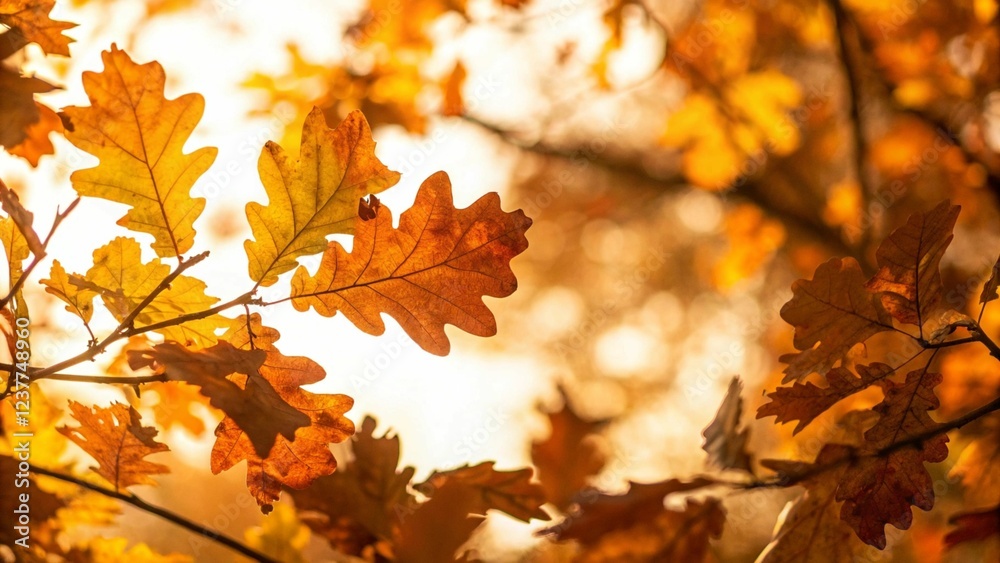 photo of oak tree leaves in autumn. Sunny golden background

