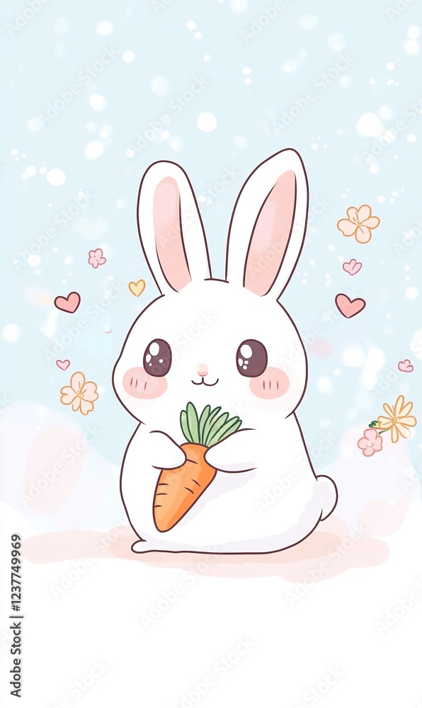 Obraz premium Cute Bunny Rabbit Holding Carrot Spring Flowers Background