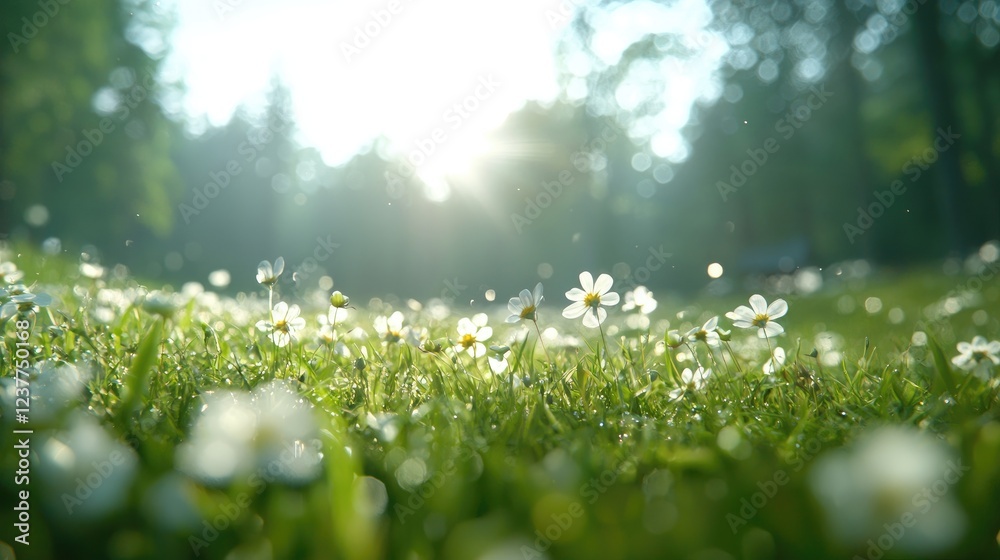 Obraz premium Sunlit daisies in a dewy meadow, forest background, nature scene