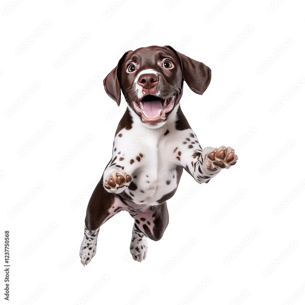 Joyful Brown and White Puppy Leaping in Mid-Air Joyful Brown and White Puppy Leaping in Mid-Air