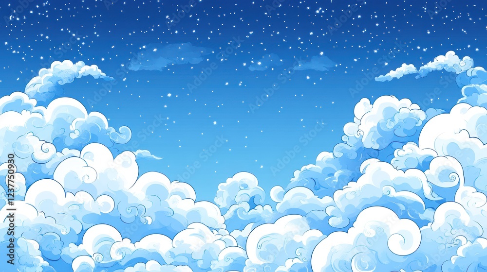 Above-clouds night sky, starry, fluffy, cloudscape, illustration, background, design, fantasy Above-clouds night sky, starry, fluffy, cloudscape, illustration, background, design, fantasy
