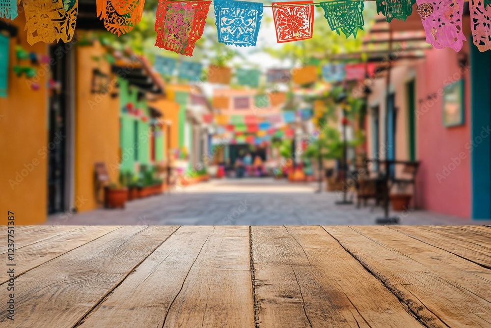Fototapeta premium Wooden Table Background with Blurred Mexican Restaurant Interior and Colorful Paper Flags - AI generated illustration