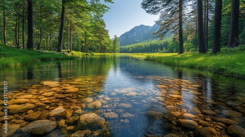 Calm river flows through forest, mountain background, nature serenity, ideal for travel brochures