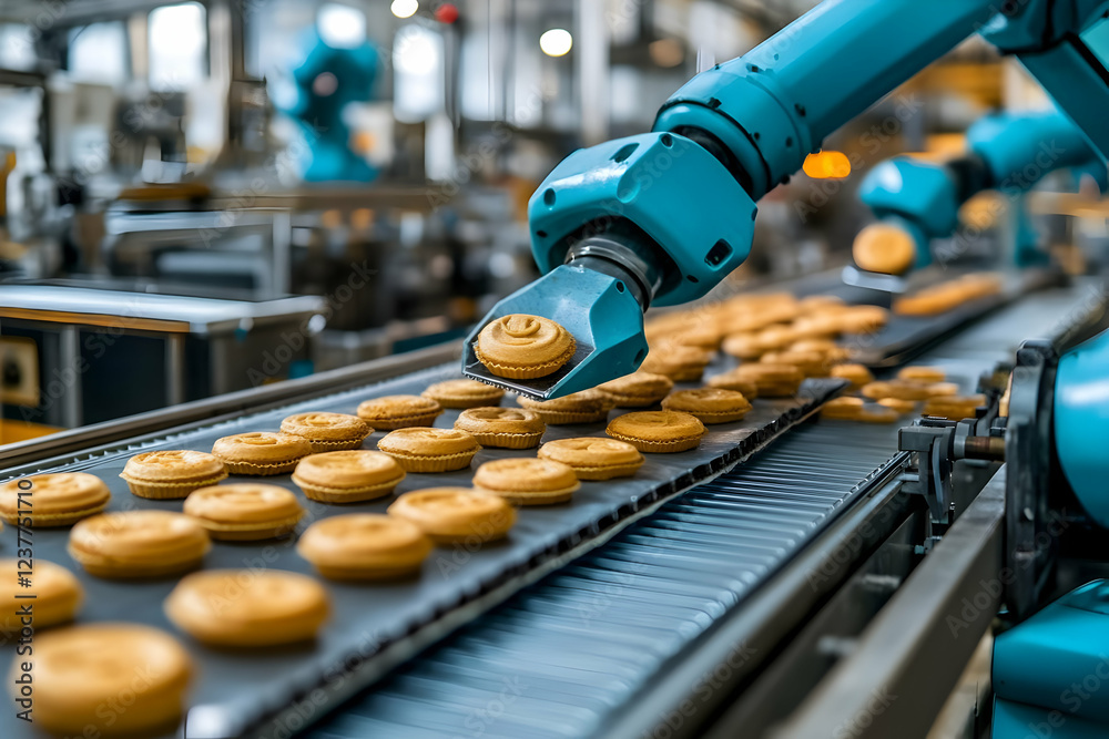 Naklejka premium Robotic arm placing cookies on conveyor belt in factory
