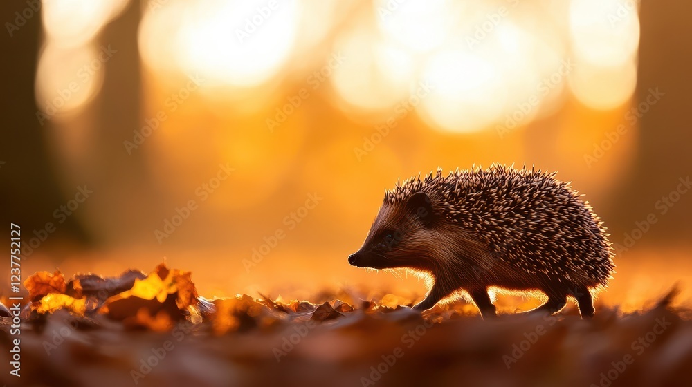Obraz premium A hedgehog walking through autumn leaves, illuminated by soft golden light, creating a warm and serene atmosphere.