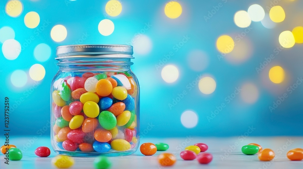 Colorful Candy Jar with Bright Bokeh Background and Vibrant Treats Colorful Candy Jar with Bright Bokeh Background and Vibrant Treats