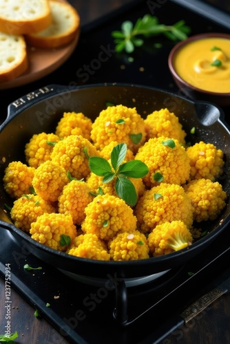 Sizzling pan of coliflower rebozada on the stovetop with a side of garlic bread, rebozada, side dish, coliflower photo