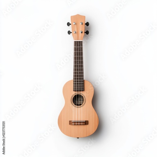 Wooden ukulele on white background with natural texture and simple design for music and instrument-related projects