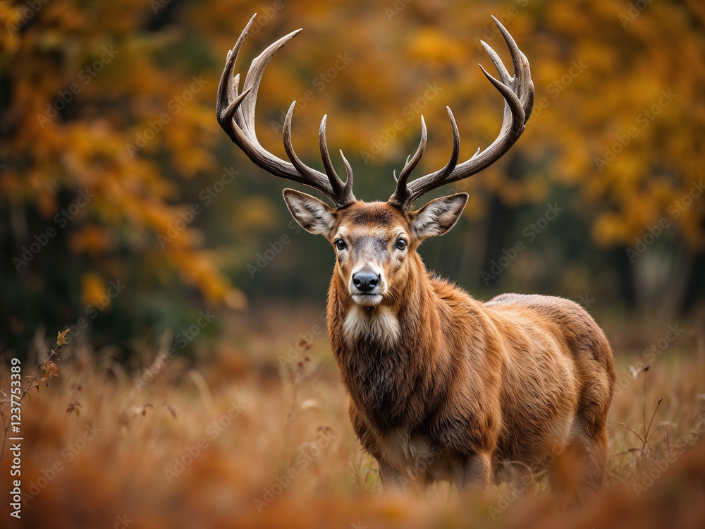 Fototapeta premium Stag stands alert in a forest during autumn season with orange leaves