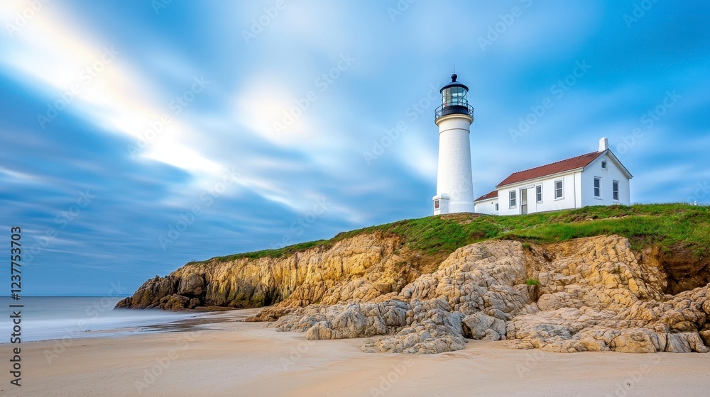 Tranquil Lighthouse by the Shore Under Dramatic Sky at Dusk Tranquil Lighthouse by the Shore Under Dramatic Sky at Dusk