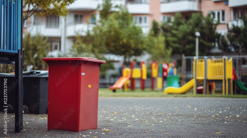Red Recycling Bin in a Playground's Peaceful Serenity Red Recycling Bin in a Playground's Peaceful Serenity