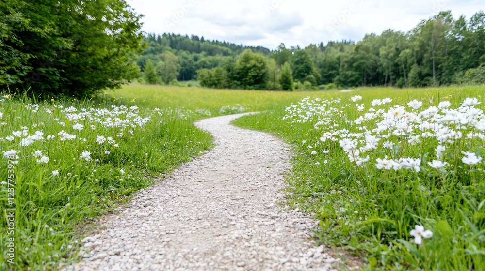 Obraz premium Winding path through meadow, wildflowers, forest background; nature, serenity