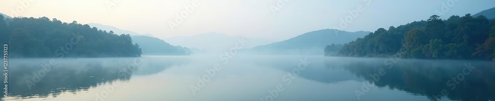 Fototapeta premium Saltwater lake with fog and surrounding trees, saltwater lake, nature