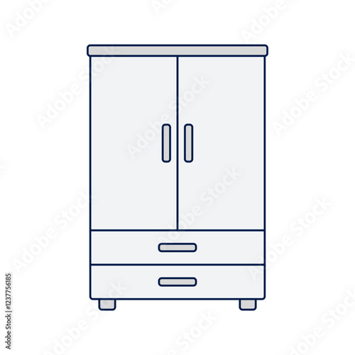 Wardrobe, A standing wardrobe with two doors and a bottom drawer, designed for storing clothes. 