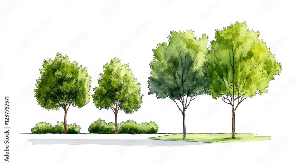 Fototapeta premium Hand-painted illustration of trees and greenery in a park setting