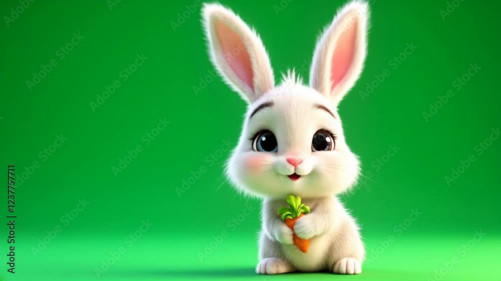 Cute bunny holding carrot, green screen, Easter, children's book illustration