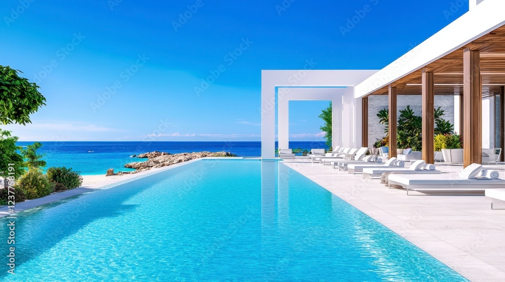 Fototapeta premium Modern Luxury Poolside View at Beachfront Villa with Blue Sky