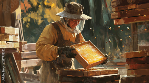 Beekeeper with honeycomb on apiary. Vector banner honey production, beekeeping hobby. Man in protective clothing, veil on hat working on apiary, standing near hives, holding a frame with honeycomb