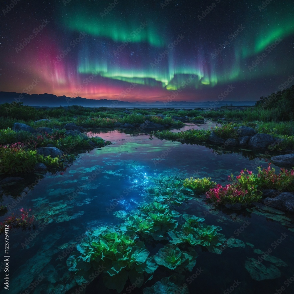 Obraz premium A utopian celestial landscape with floating gardens, a glowing sea, and divine energy auroras shifting like cosmic tides.
