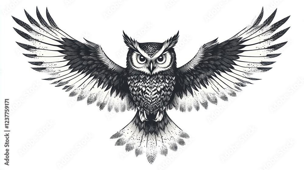 Obraz premium Majestic owl in flight, white background, wildlife art