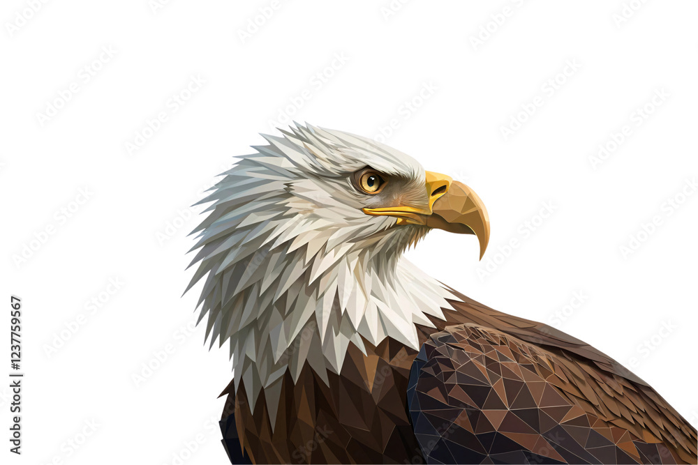 Close-up of a geometric eagle’s head. Striking yellow beak contrasts its white feathers, with angular details emphasizing fierce intensity and grace, isolated on a transparent background Close-up of a geometric eagle’s head. Striking yellow beak contrasts its white feathers, with angular details emphasizing fierce intensity and grace, isolated on a transparent background