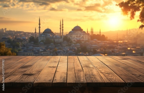 Empty wooden table top with a mosque and city of the Ottoman Empire in the background, a product display template for decoration design. Shallow depth of field.  photo