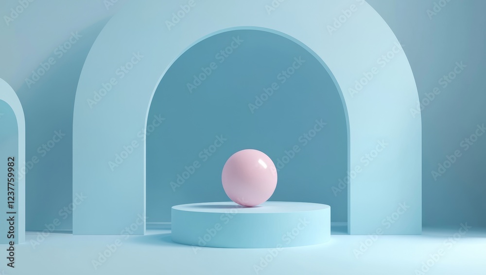 Pastel pink sphere on blue platform, arched backdrop, product display Pastel pink sphere on blue platform, arched backdrop, product display