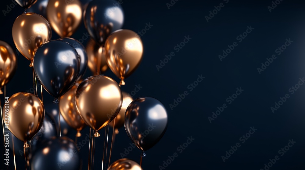 Elegant Balloons in Black and Gold Floating Against Dark Background Elegant Balloons in Black and Gold Floating Against Dark Background