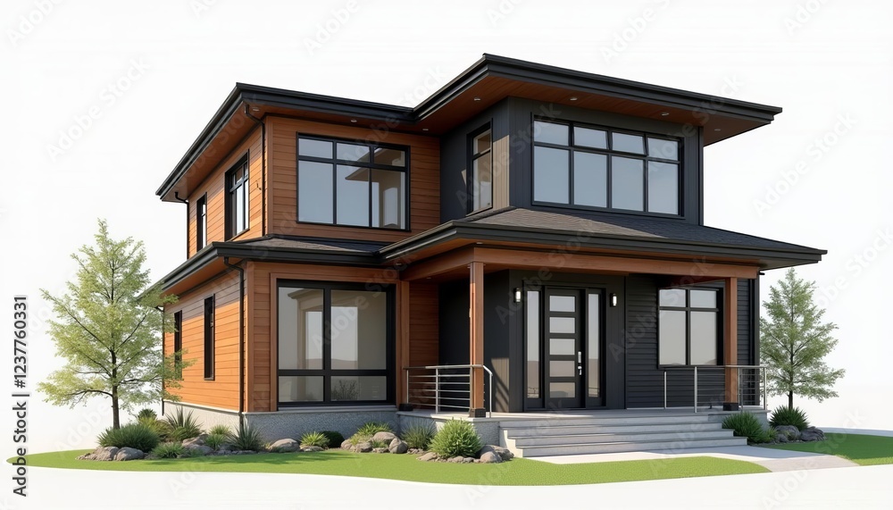 Modern two-story house with wooden facade and expansive windows on a bright background Modern two-story house with wooden facade and expansive windows on a bright background