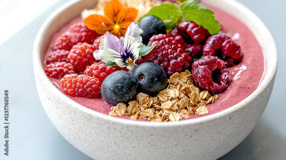 Delicious Berry Smoothie Bowl with Raspberries Plums and Granola Delicious Berry Smoothie Bowl with Raspberries Plums and Granola