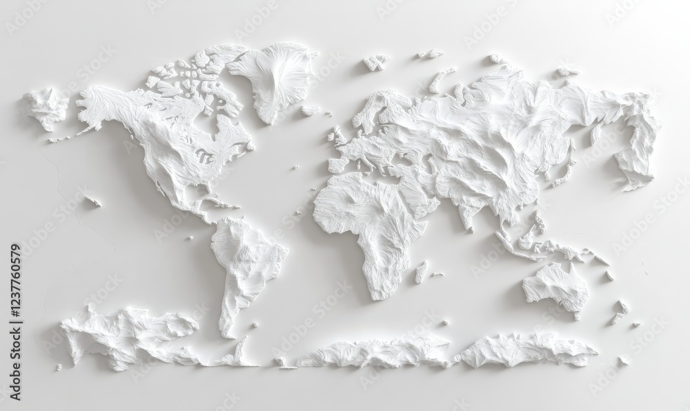 Fototapeta premium A textured, white relief map of the world, showcasing continents and oceans in a minimalist design.