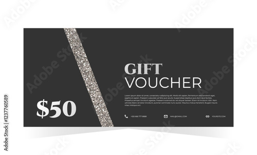 Black gift voucher template with silver element and text. Elegant classic promotion design. Vector illustration for spa, vip, music, luxury, events