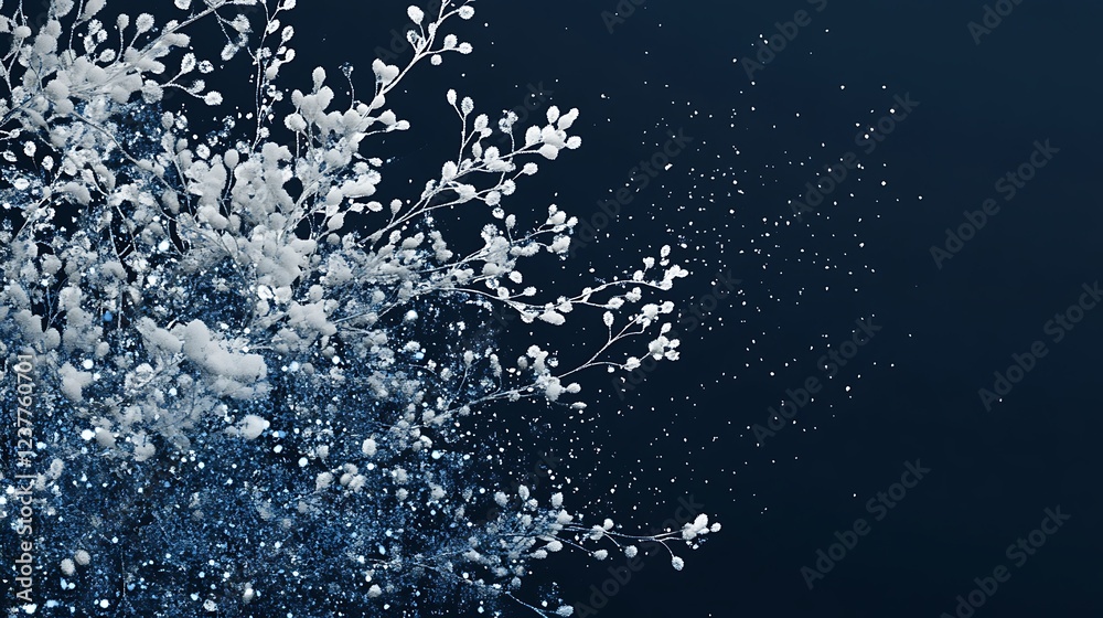 Snow covered branch with snowfall on dark blue background Snow covered branch with snowfall on dark blue background