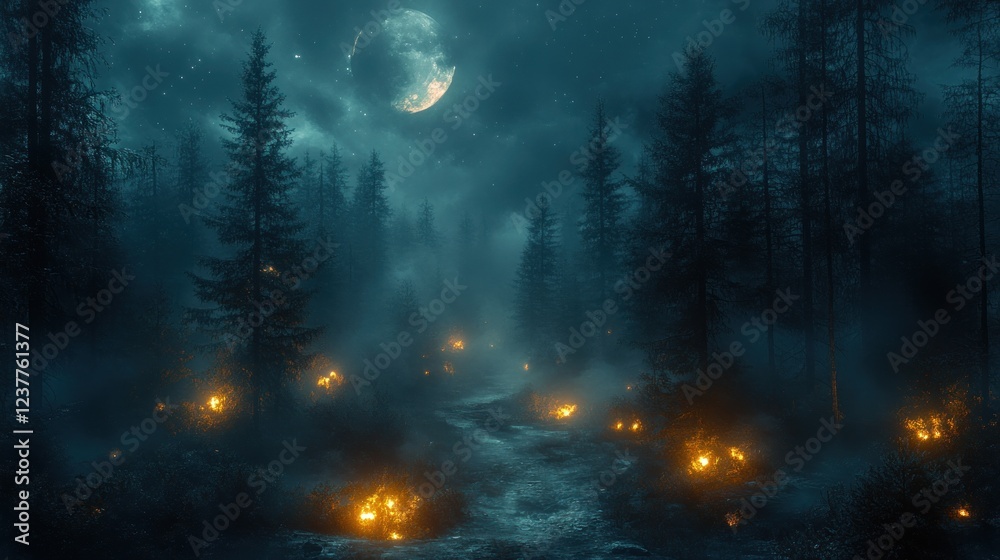 Naklejka premium Enchanted Forest Night: A Mystical Moonlit Path