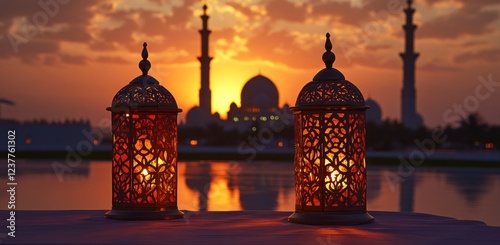 A pair of traditional Ramadan lanterns casting warm light on an empty table, with the silhouette of a mosque in soft focus behind them during sunset. 