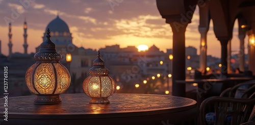 A pair of traditional Ramadan lanterns casting warm light on an empty table, with the silhouette of a mosque in soft focus behind them during sunset. 