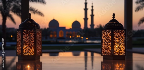 A pair of traditional Ramadan lanterns casting warm light on an empty table, with the silhouette of a mosque in soft focus behind them during sunset. 