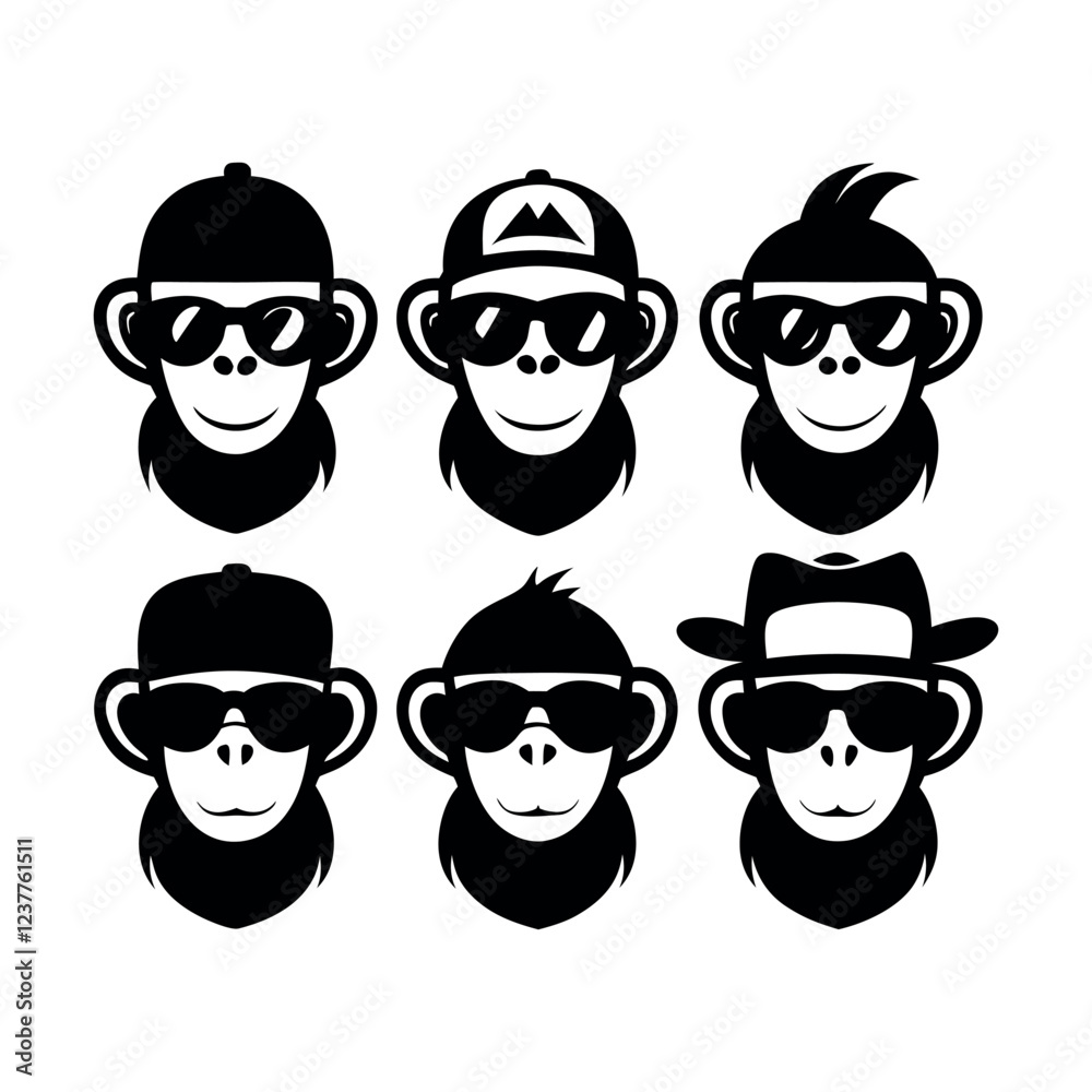 Stylish Monkeys in Sunglasses and Hats, Vector Illustration Set Stylish Monkeys in Sunglasses and Hats, Vector Illustration Set