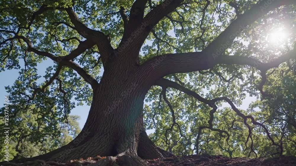 Stunning Oak Tree in Tranquil Forest, Majestic and Serene with Sunlight Filtering Through Leaves, Generative AI Stunning Oak Tree in Tranquil Forest, Majestic and Serene with Sunlight Filtering Through Leaves, Generative AI
