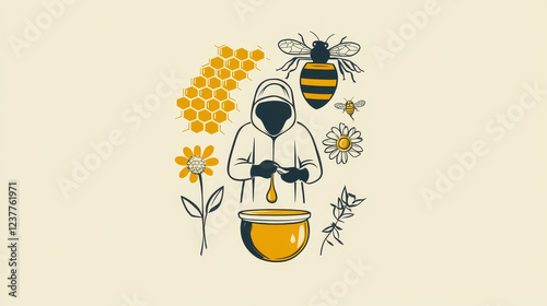 Honey bee and beekeeping farm icon set. Bee, honey jar, drop and dipper in bowl, honeycomb frame, flower and apiary beehive, beekeeper in protective suit and hat for apiculture themes design photo