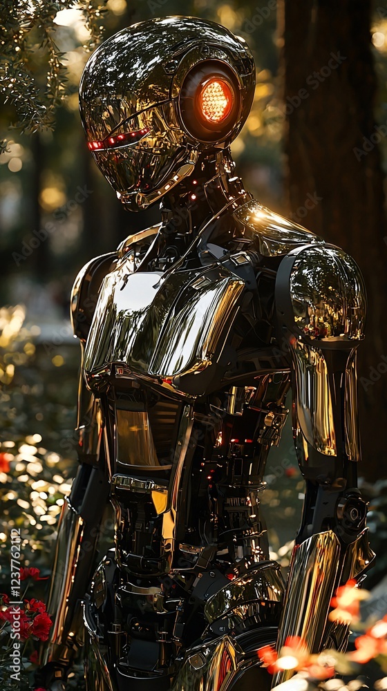 Fototapeta premium Chrome robot in park, sunset, nature background, AI concept