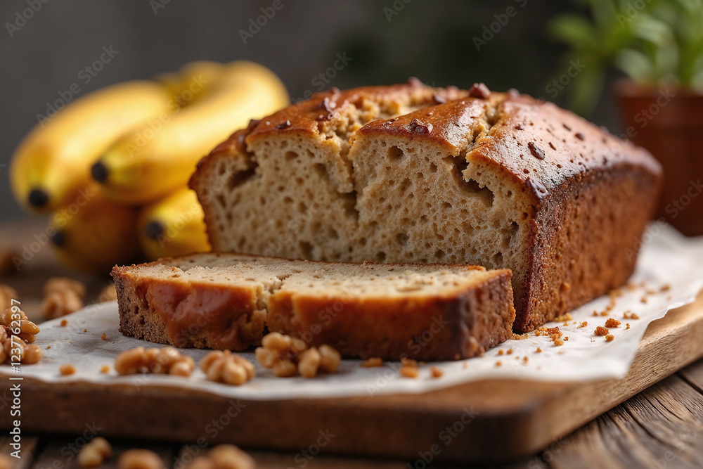 Homestyle Walnut Banana Bread in Rustic Kitchen Setting Homestyle Walnut Banana Bread in Rustic Kitchen Setting