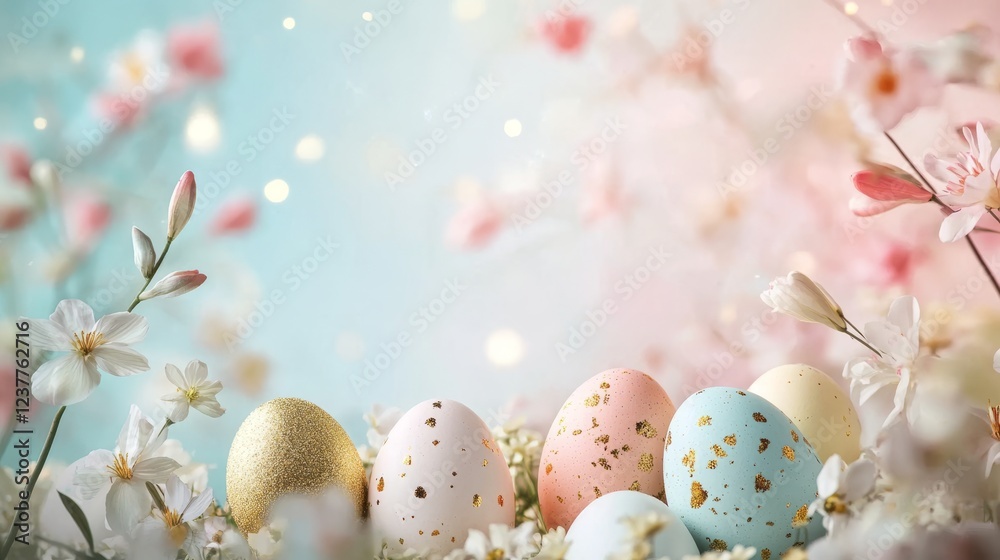 Fototapeta premium Colorful Easter Eggs Decorated with Flowers in a Spring Setting